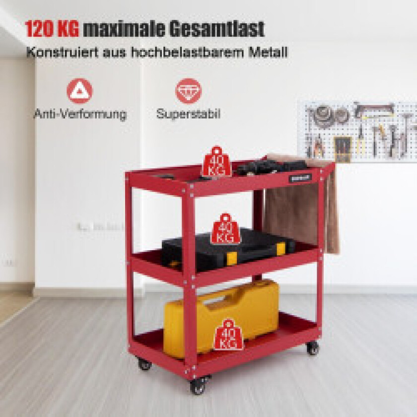 Verkstedvogn 3 nivåer verkstedvogn med 4 universalhjul og håndtak 73 x 36 x 75 cm rød