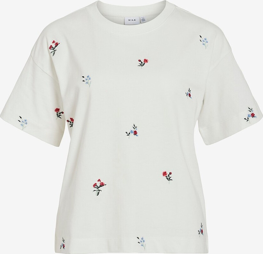 Topp viMonie Flower Emb S/S O-neck - Hvit