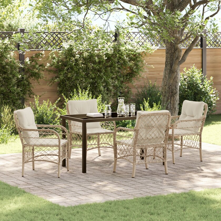 5-delt hage spisebordsett med puter i beige poly rattan