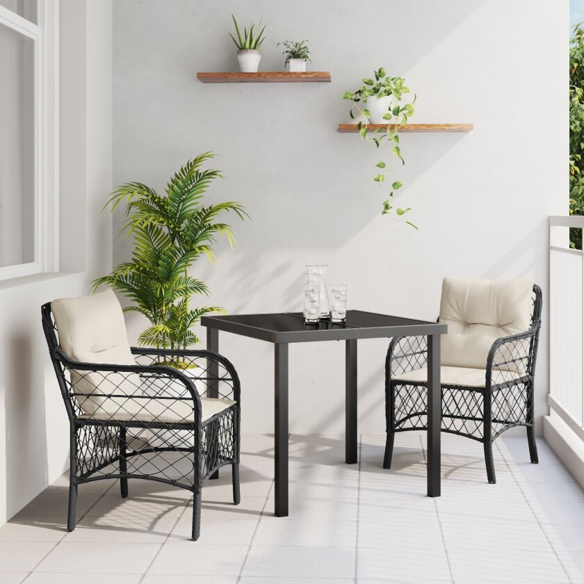 3 delt hage spisestue med puter svart poly rattan