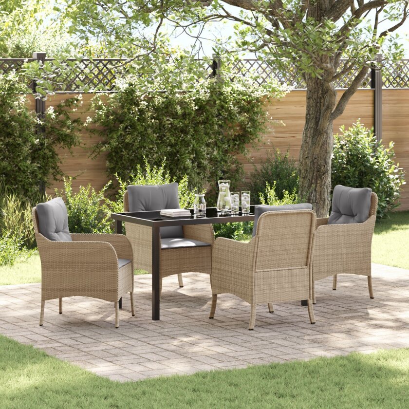 5 Delt Hage Spise Sett med Puter Beige Poly Rattan