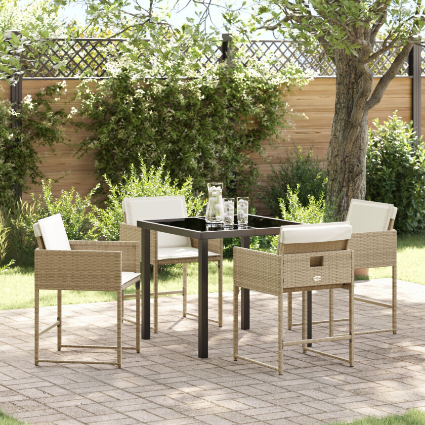5-delt Hage Spisestue Set med Puter Beige Poly Rattan