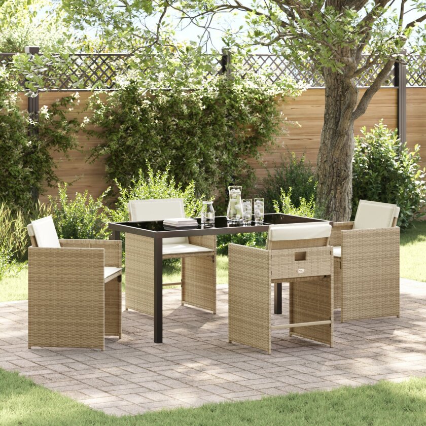5 Dels Hage Spise Sett med Puter Beige Poly Rottings