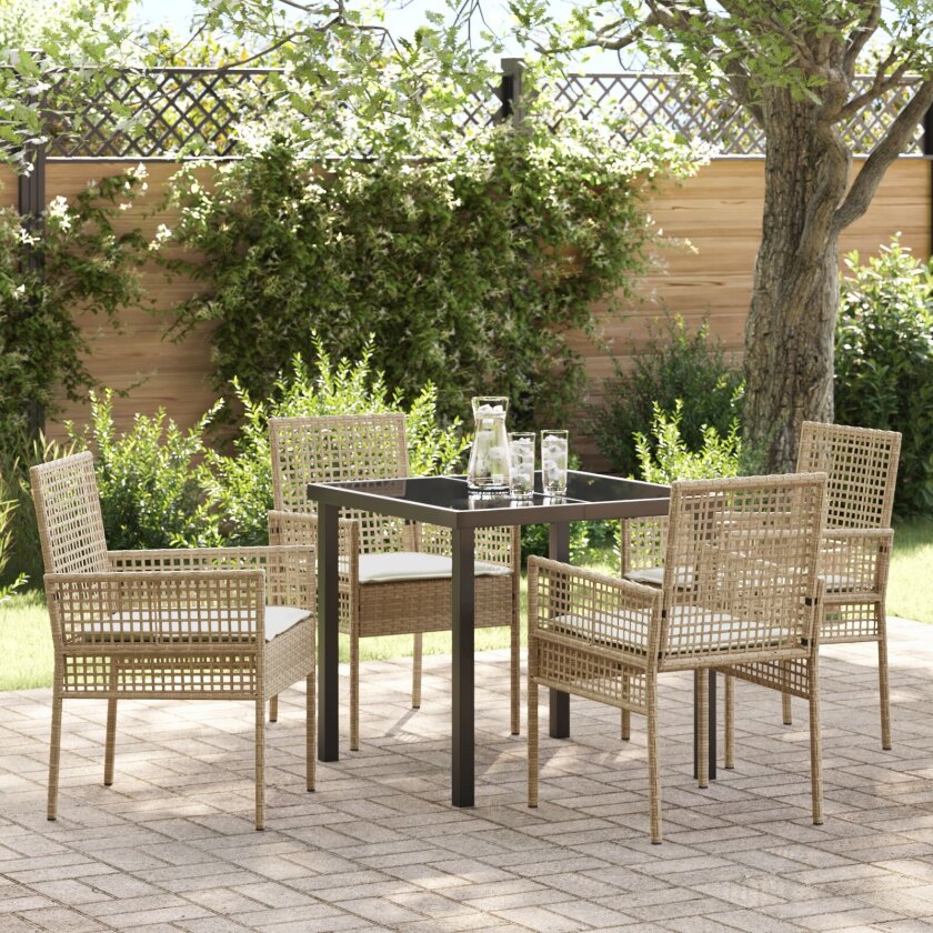 5-delt hage spisesett med puter Beige poly rattan