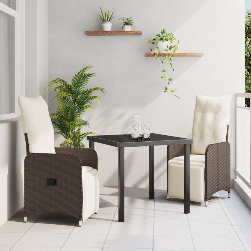 3-delt hage spise-sett med puter brun poly rattan
