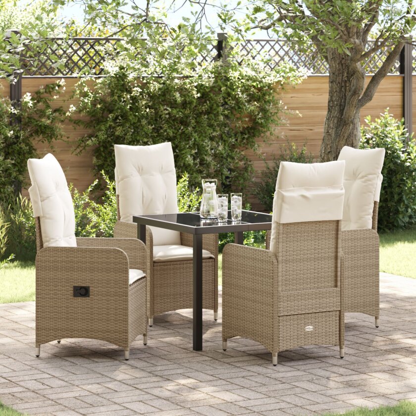 5 Delt Hage Spisegruppe med Puter Beige Poly Rattan