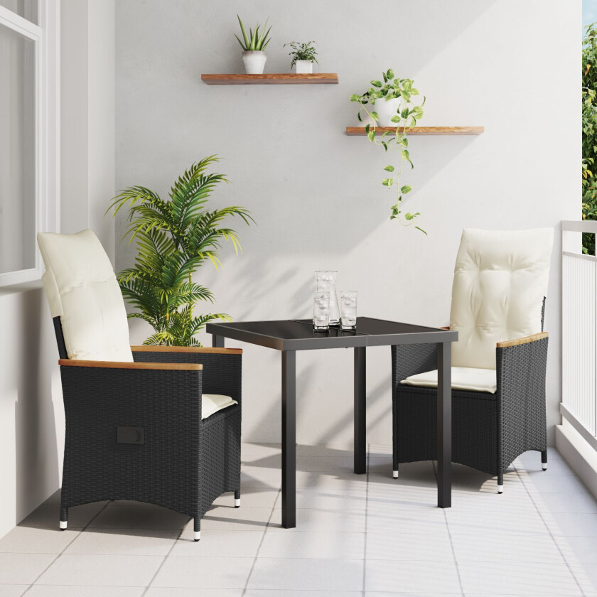 3-delt Hage Spisebord Set med Puter Svart Poly Rattan