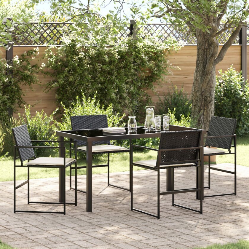 5 Delt Hage Spise Sett med Puter Svart Poly Rattan