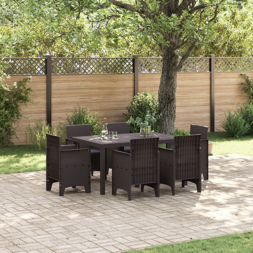 7 Delt Hage Spisebordsett med Puter Brun Poly Rattan