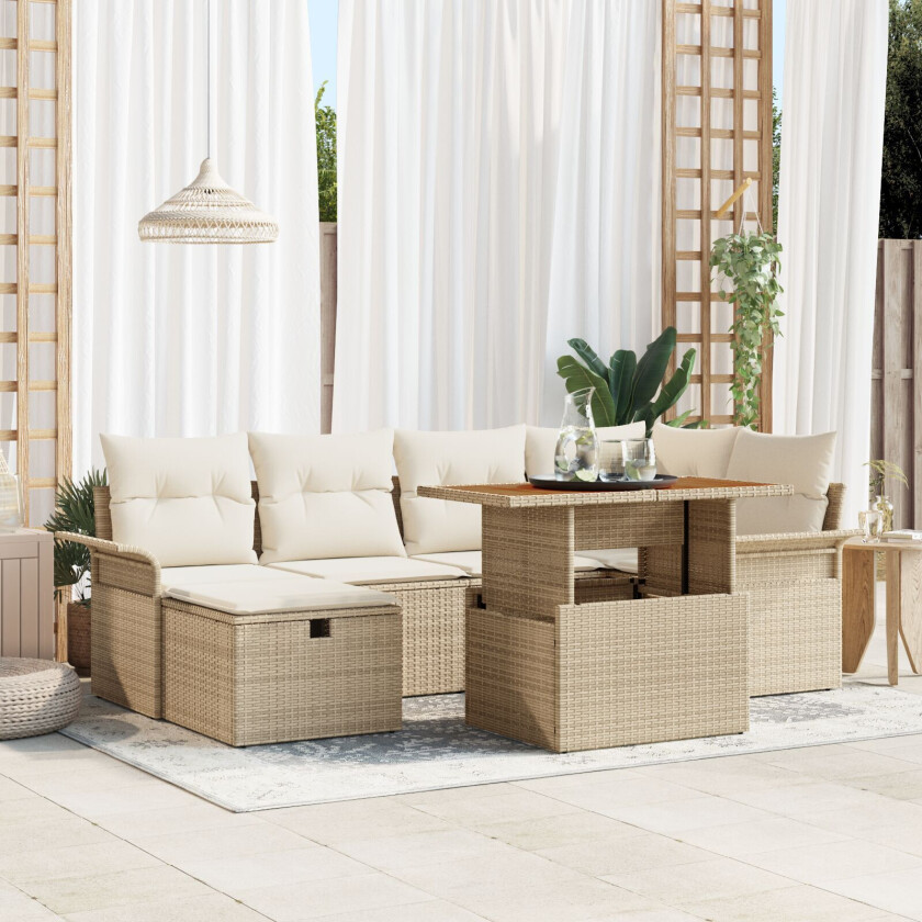 7-delt Hagesofa sett med puter Beige Poly Rattan