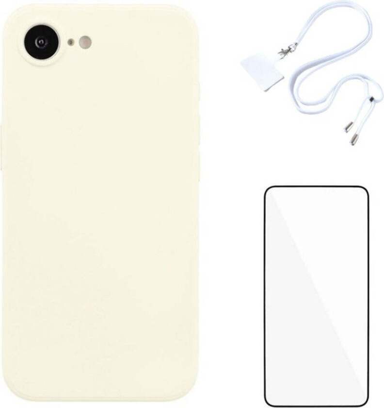 iPhone 16e Sett med Fleksibelt Plast Deksel - Skjermbeskytter - Stropp - Hvit
