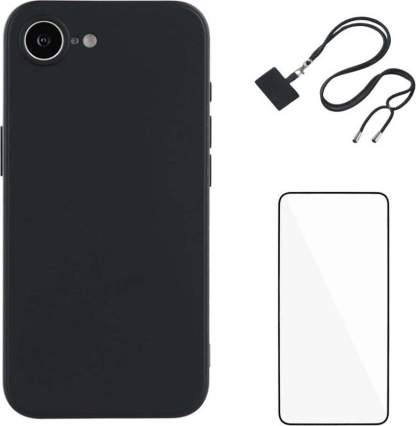 iPhone 16e Sett med Fleksibelt Plast Deksel - Skjermbeskytter - Stropp - Svart