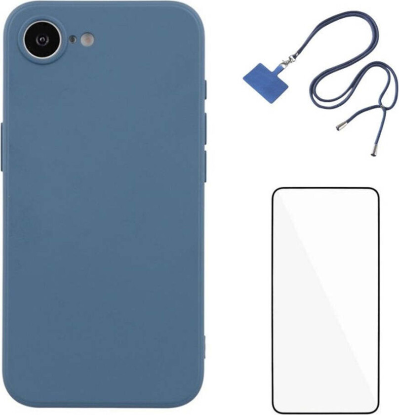 iPhone 16e Sett med Fleksibelt Plast Deksel - Skjermbeskytter - Stropp - Blå