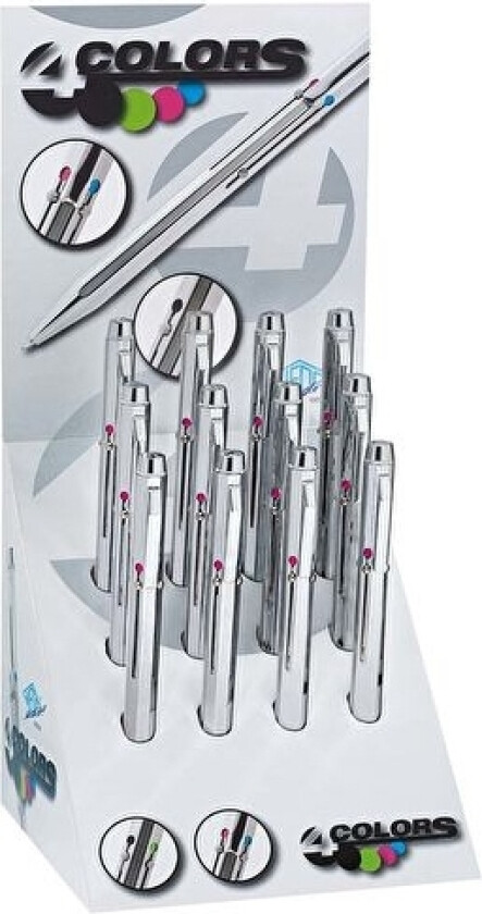 Firefarge Kulepenn Med Skyvemekanisme, Kromdisplay, Utstyrt Med 4 Utskiftbare, Kommersielt Tilgjengelige - 12 Deler (256 22699)