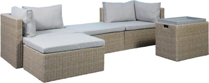 Modul utendørs loungesett, med 1 sofa, 1 bord, 2 krakker, beige stoffputer - brun pe flet (sett med 6)