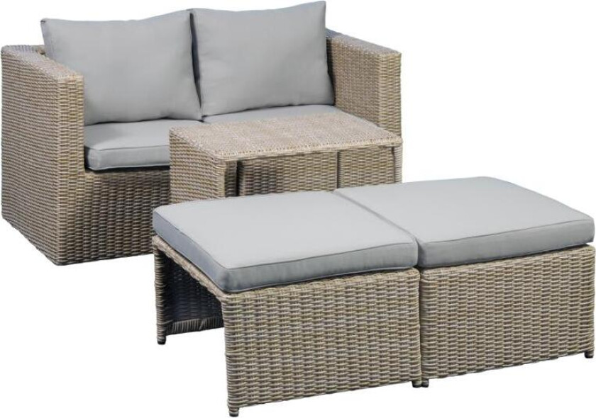 Modul utendørs loungesett, med 1 sofa, 1 bord, 2 krakker, beige stoffputer brun pe flet (sett med 5)