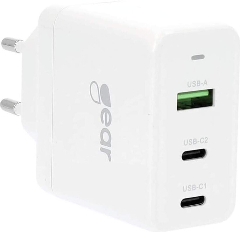 GEAR Lader GAN 220V 2xUSB-C + 1xUSB-A PD 45W + 18W + 5A (tot. 65W) Hvit
