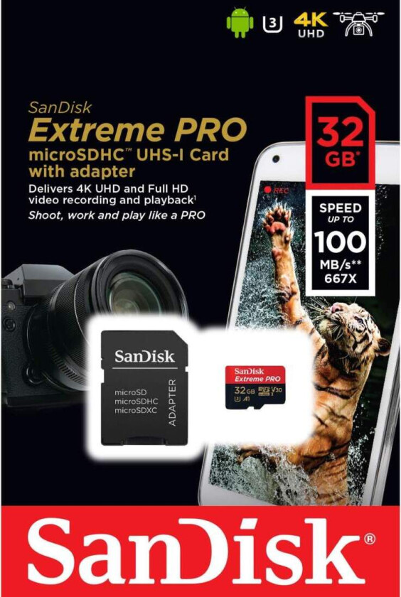 SANDISK MicroSDHC Extreme Pro 32GB 100MB/s A1 C10 V30 UHS-I