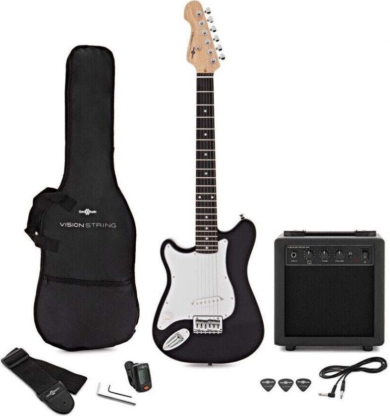 Gear4Music VISIONSTRING 3/4 Venstrehendt Elektrisk Gitarpakke Svart