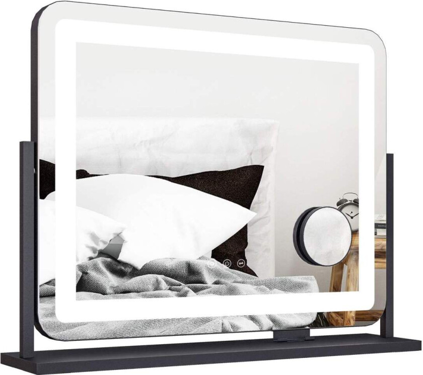 Sminkespeil med belysning, LED-sminkespeil med 3 lysfarger, bordspeil med 10X forstørrelse, mobiltelefonholder, USB-ladeport, 36