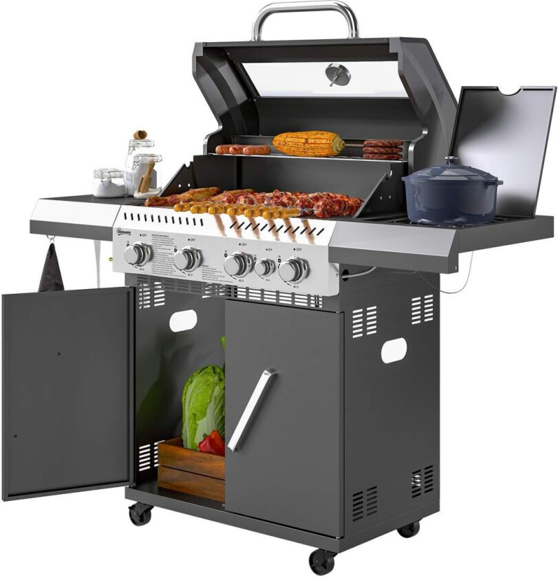 Gassgrill 12 KW grillvogn inkludert 5 brennere sidekomfyr rull trykkreduserende lokk gasslange 2 varmesoner termometer sidehylle