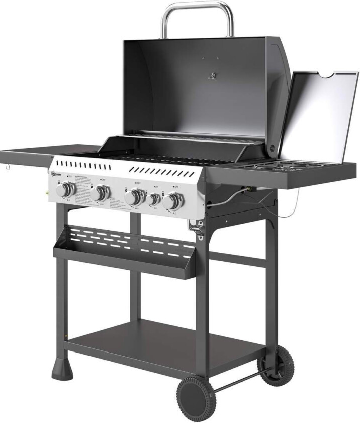 Gassgrill 12 KW 4+1 brenner BBQ grillvogn laget av rustfritt stål inkludert sidebrenner termometer grillrist platetopp flaskeåpn