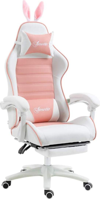 Spillestol Ergonomisk spillerstol med korsryggstøtte, fotstøtte, spillestol med kaninører, pute, høydejusterbar kontorstol med j