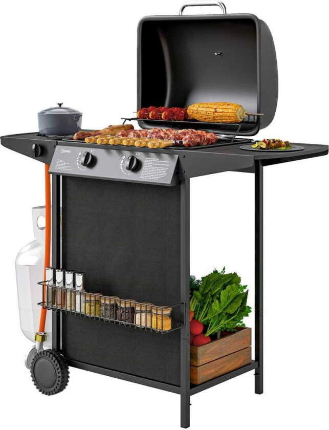 Gassgrill 7 KW grillvogn inkludert 3 brennere sidekomfyr rull trykkreduserende lokk gasslange 2 varmesoner termometer sidehyller