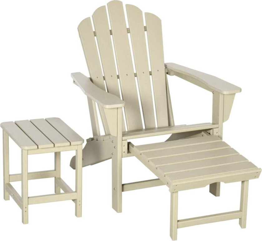 Adirondack hagestol med sidebord og fotskammel, terrassestol med armlener laget av HDPE, sandfarget for hage og balkong |