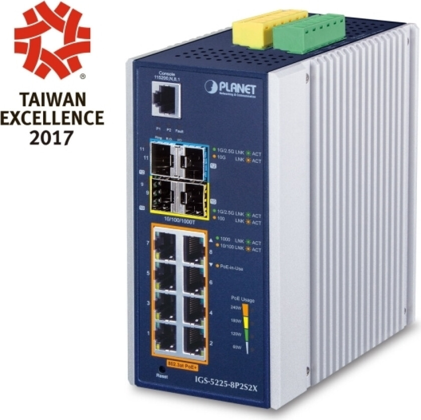 Planet Igs-5225-8P2s2x, Håndtert, L3, Gigabit Ethernet (10/100/1000), Full Tosidig, Strøm Over Ethernet (Poe), Kan Monteres På Vegg