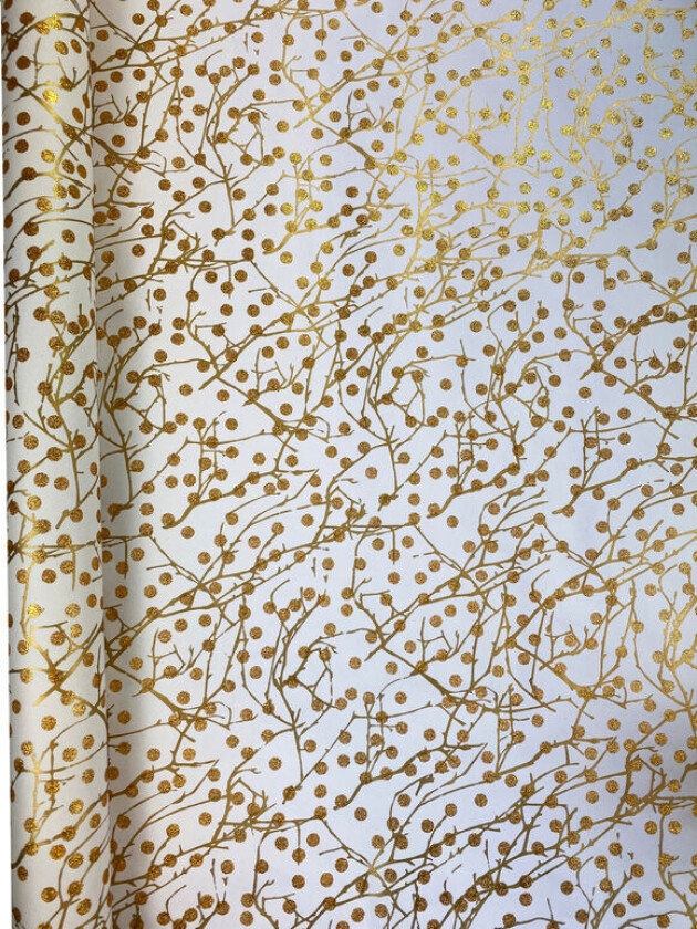 Gavepapir kvist 2M hvit/gull glitter