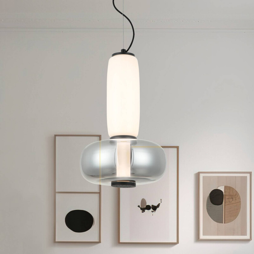 LED-hengelampe Avery, røykgrå/hvit, Ø 32 cm, glass