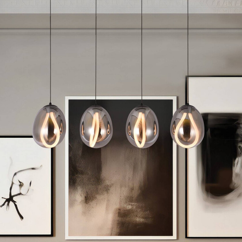 LED-pendellampe Melanie, lengde 85 cm, røykgrå, glass 4 lyskilder.