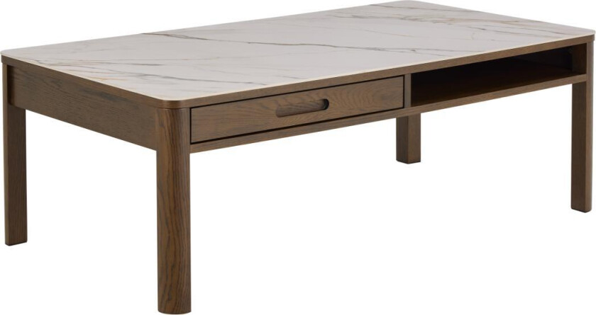 ACT NORDIC Southampton rektangulært salongbord, topp krempolert keramikk, skuff og ramme røykfarget NC-lakkert eikefiner med organisk kant, skjult oppbevaring og åpen plass, 130x70x45 cm
