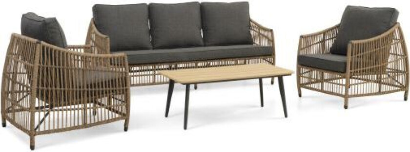 Cayman loungesett, med 1 bord, 1 sofa, 2 stoler, puter - rotting og antrasittgrå aluminium