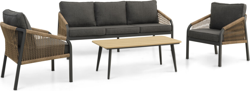 Cuba loungesett, med 1 bord, 1 sofa, 2 stoler, puter - rotting og antrasittgrå aluminium