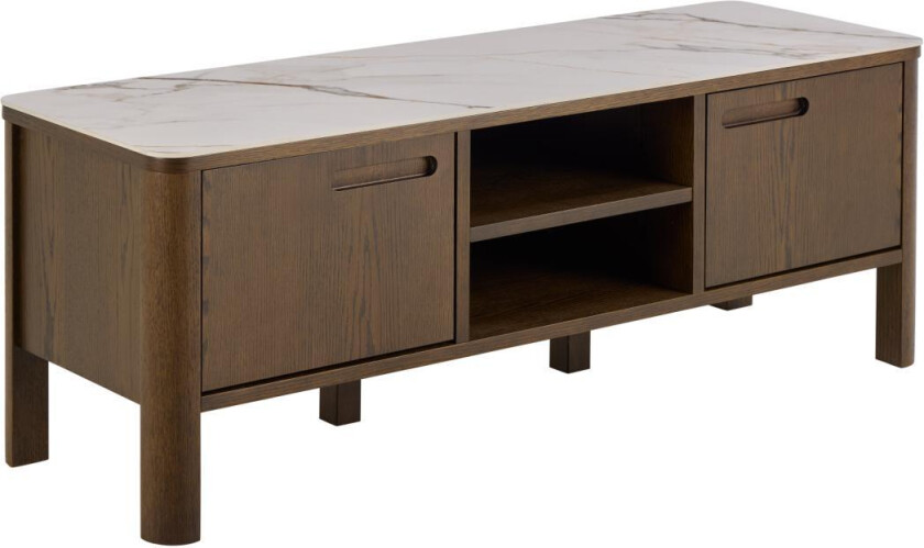 ACT NORDIC Southampton TV-bord, topp krempolert keramikk, ramme, 2 dører, hylle og ramme røykfarget NC-lakkert eikefiner med organisk kant og åpen plass, 120x40x45 cm