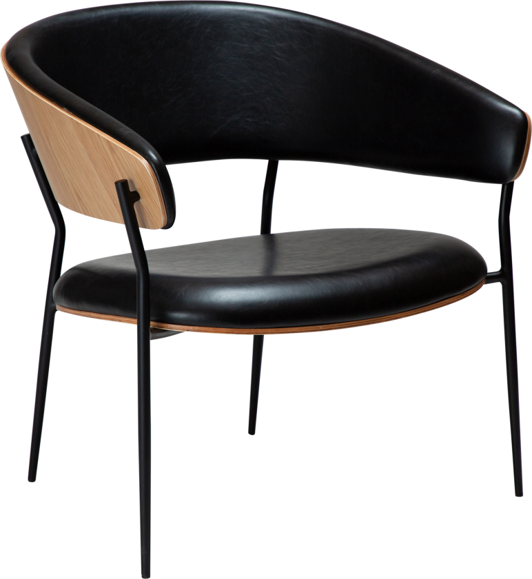 DAN-FORM CRIB lenestol Vintage svart kunstskinn og eikefiner med svarte metallben