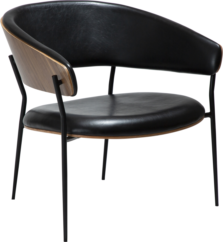 DAN-FORM CRIB lenestol Vintage svart kunstskinn og valnøttfiner med svarte metallben