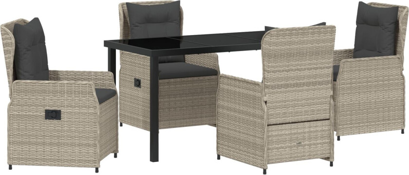 5 deler hagedining-sett lysegrå poly rattan, hagebord svart 140x80x73 cm herdet glass