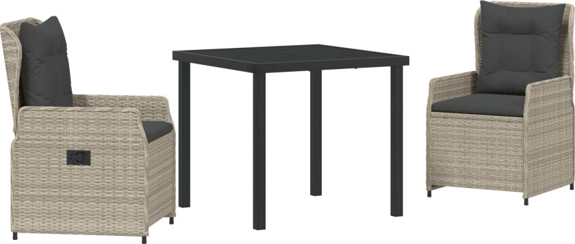 3-delt hagespisebord sett lysegrå poly rotting, hagebord svart 80x80x73 cm herdet glass