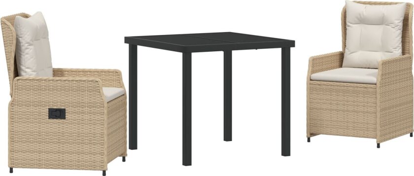 3 Delt Hage Spisegruppe Beige Polyrotting, Hagebord Svart 80x80x73 cm Herdet Glass