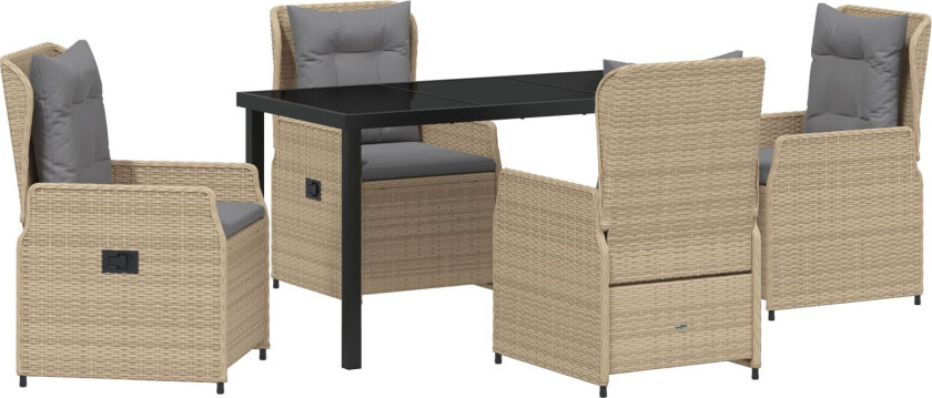 5 Delt Hage Spisebord Beige Poly Rottning, Hagebord Svart 140x80x73 cm Herdet Glass