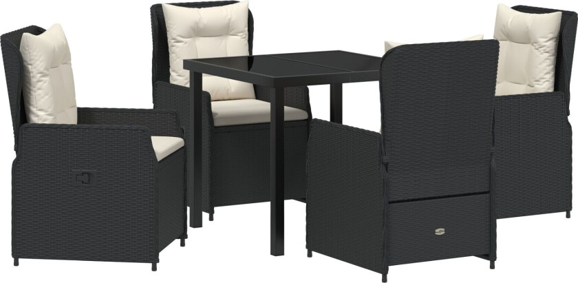5 Delers Hage Spisestue Svart Poly Rattan, Hagebord Svart 80x80x73 cm Herdet Glass