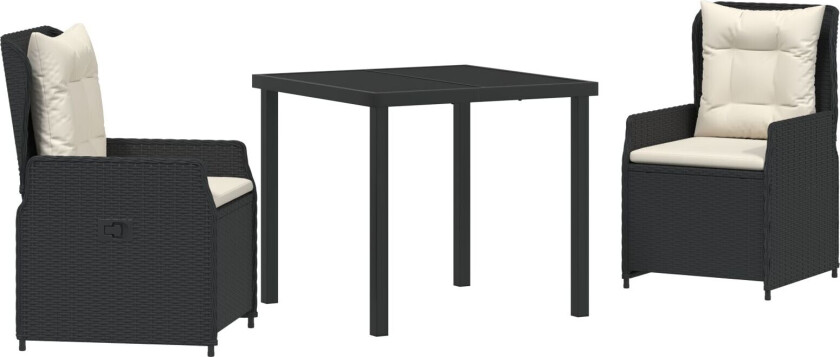 3-delt hagemøbelsett svart polyrotting, hagebord svart 80x80x73 cm herdet glass