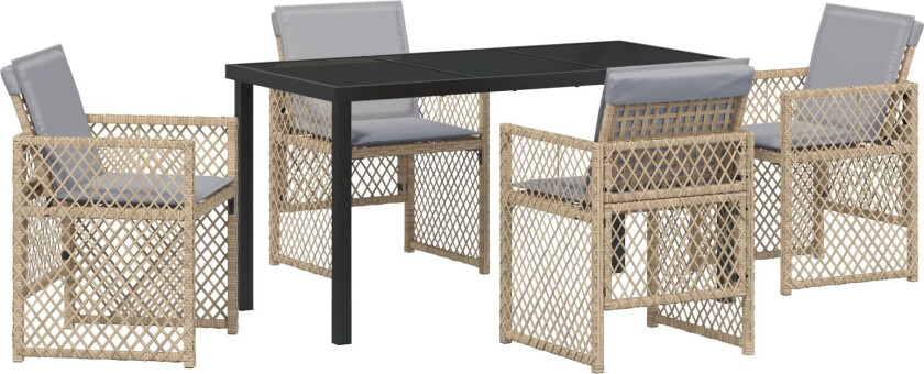 5 Deler Hage Spise Sett med Puter Beige Poly Rattan, Hagebord Svart 140x80x73 cm Herdet Glass