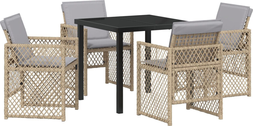 5 Delt Hage Spisestue Sett med Puter Beige Poly Rattan, Hage Bord Svart 80x80x73 cm Herdet Glass