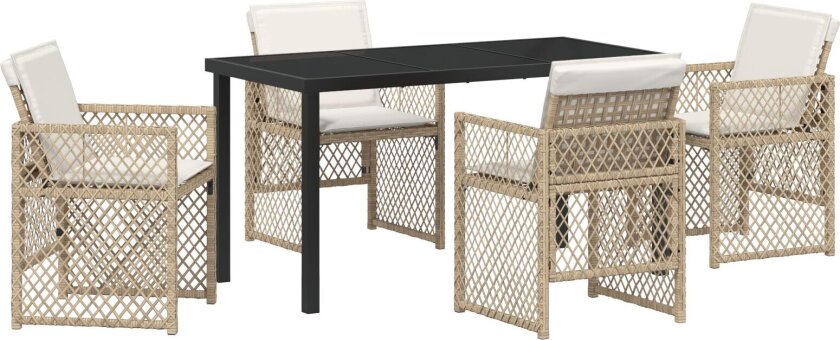 5 Delt Hage Spisebordsett med Puter Beige Poly Rattan, Hage Bord Svart 140x80x73 cm Herdet Glass