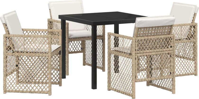 5 delers hage spisebordsett med puter Beige Polyrotting, hagebord svart 80x80x73 cm herdet glass