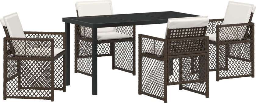 5 Delt Hage Spisegruppe med Puter Brun Poly Rott, Hagebord Svart 140x80x73 cm Herdet Glass